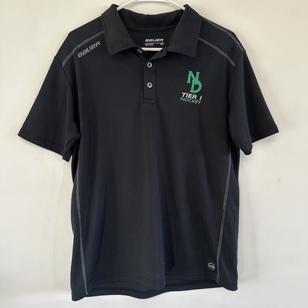 Men's UND Hawks Sioux Hockey Tier 1 Black Bauer Polo Small North Dakota Collar